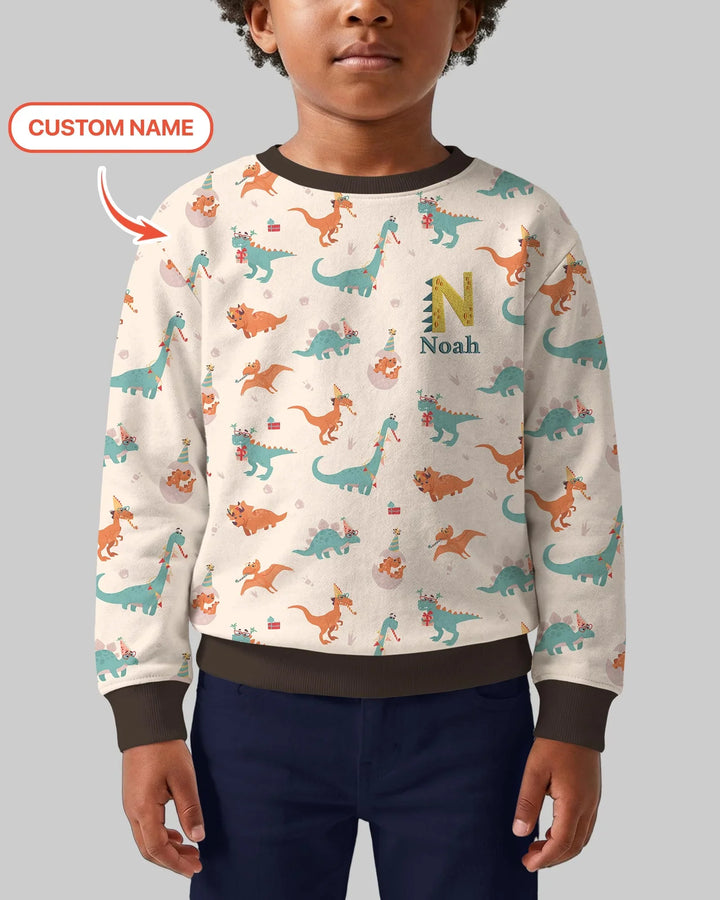 Sudadera de cuello redondo de bambú con nombre bordado personalizado y dinosaurios