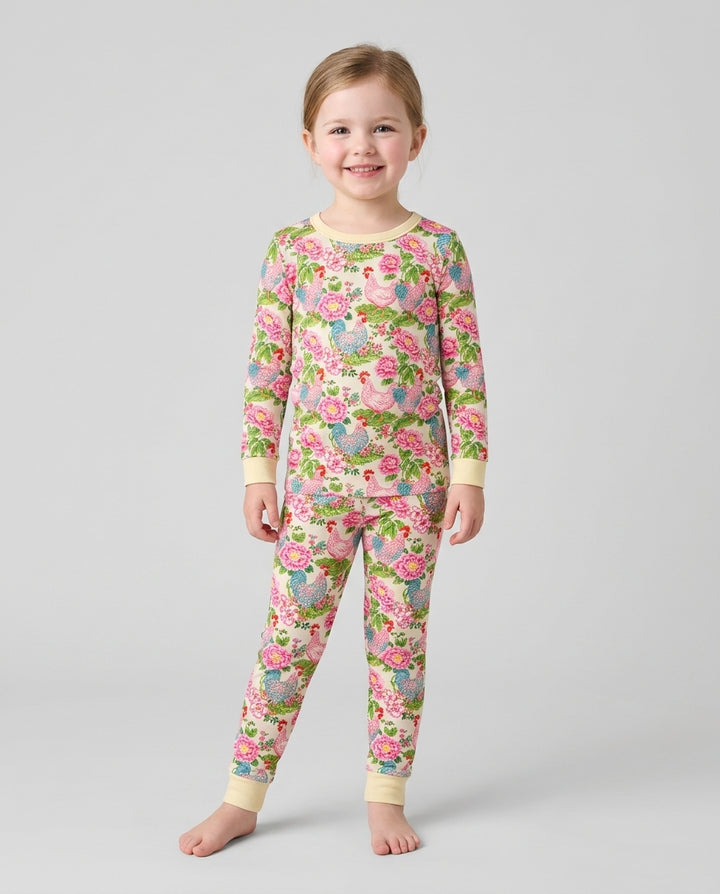 Chicken and Peony Mommy And Me Matching Bamboo Two Piece Long Sleeve Pajama Set