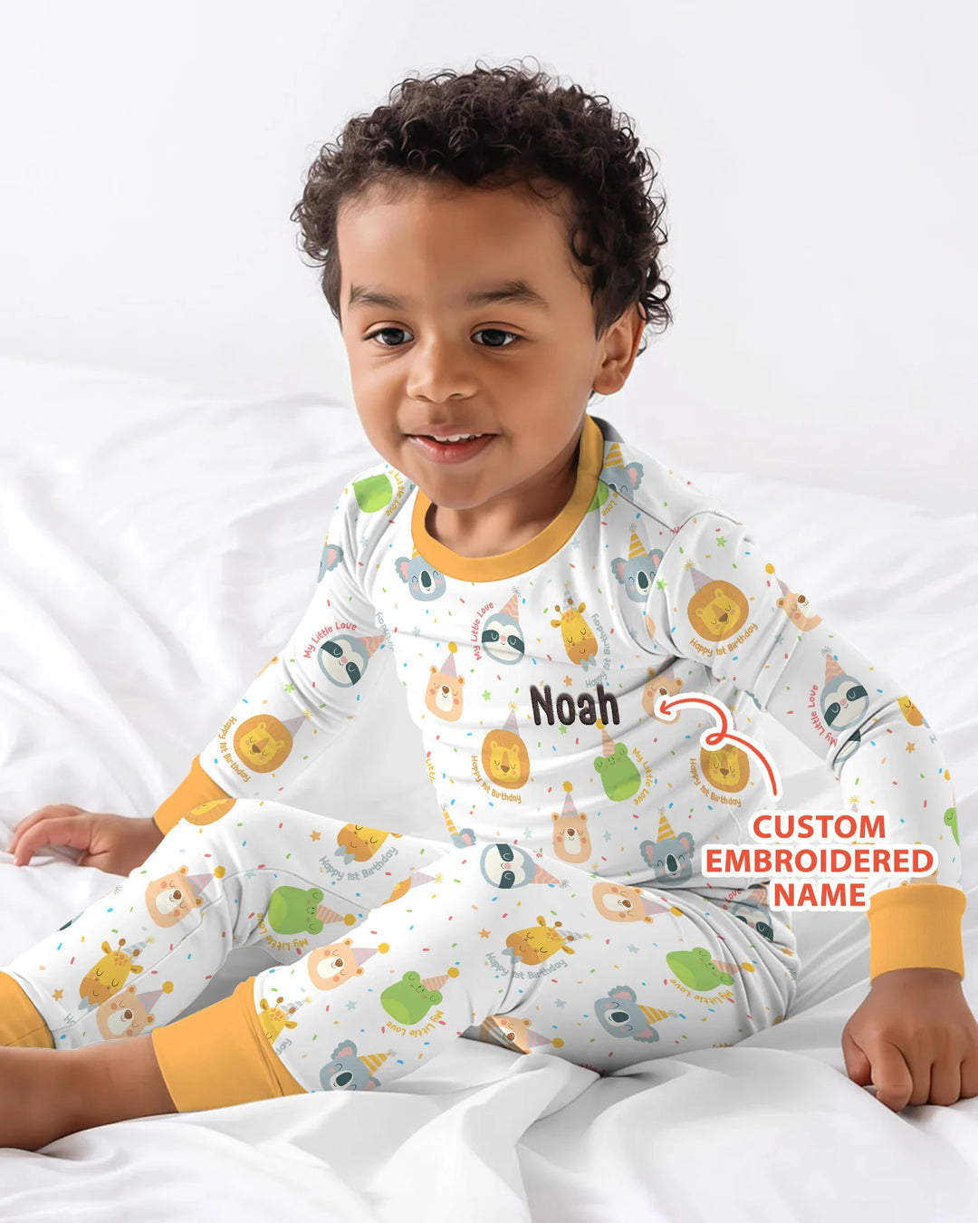 1st Birthday Personalized Embroidered Baby Bamboo Two Piece Long Sleeve Pajama Set