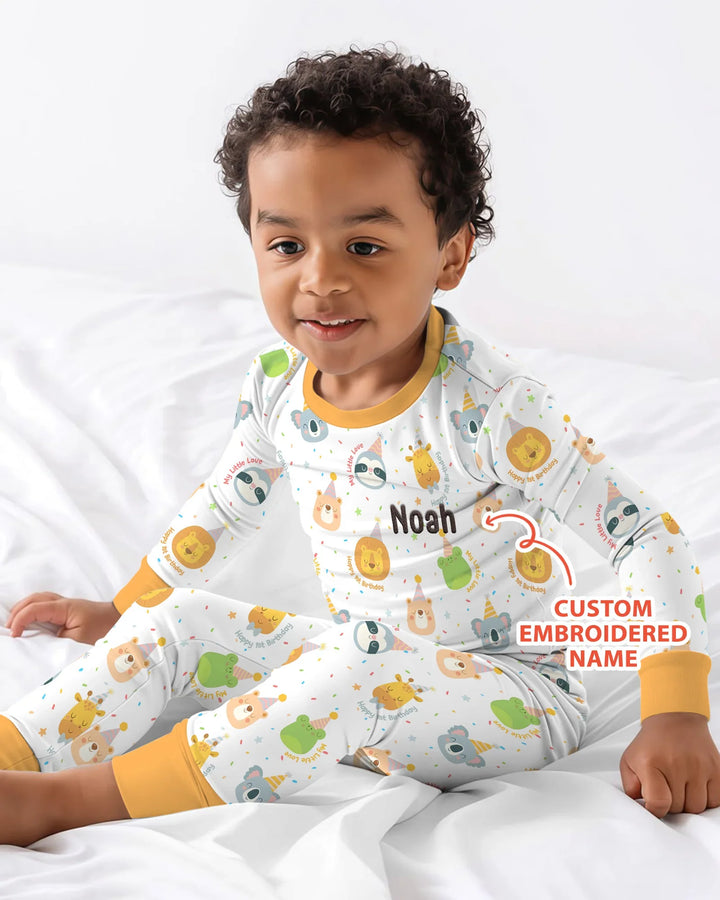 1st Birthday Personalized Embroidered Baby Bamboo Two Piece Long Sleeve Pajama Set