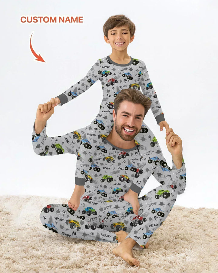 Monster Truck Dirt Jam Custom Name Daddy & Me Matching Two Piece Long Sleeve Pajama Set