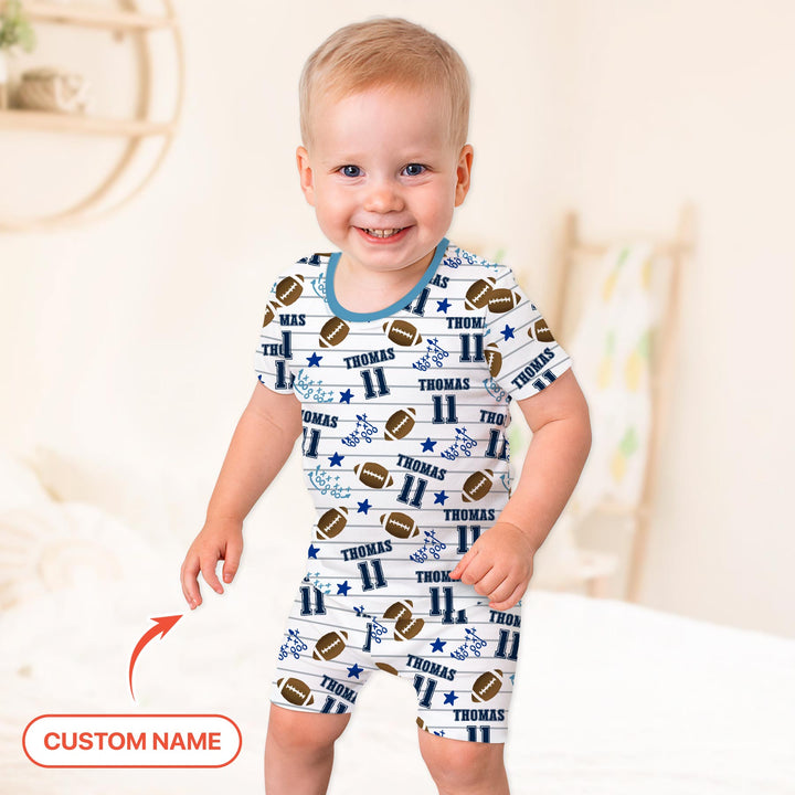 Custom Name Football Time Two Piece Short Sleeve Shorts Pajama Set