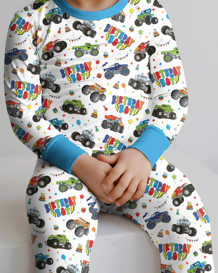 Monster Truck Birthday Boy Bamboo Two Piece Long Sleeve Pajama Set