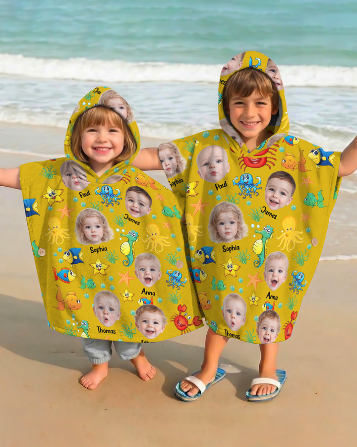 Custom Photo Cute Kid Face Watercolor Sea Creatures Summery Bamboo Swim Poncho