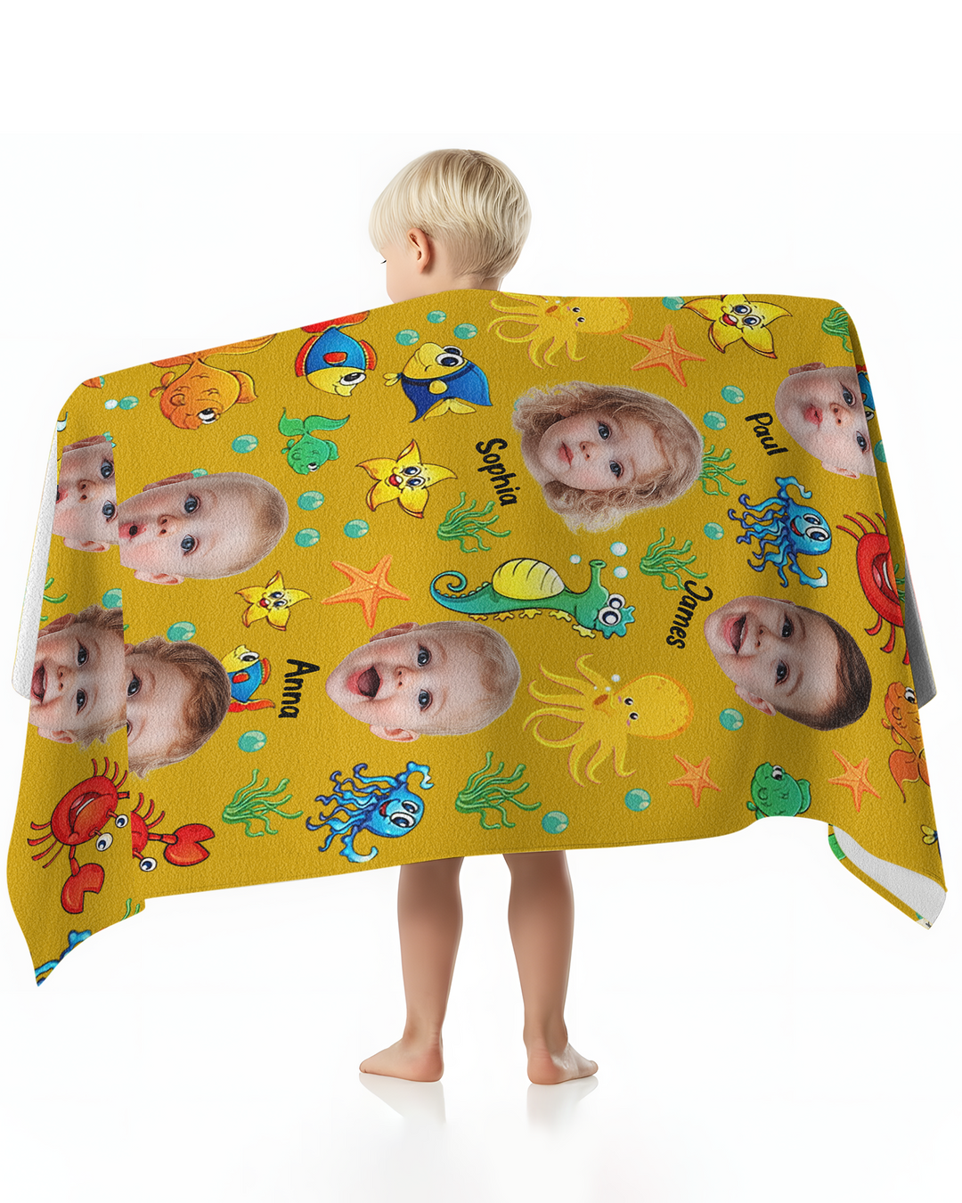 Custom Photo Cute Kid Face Watercolor Sea Creatures Summery Bamboo Beach Towel