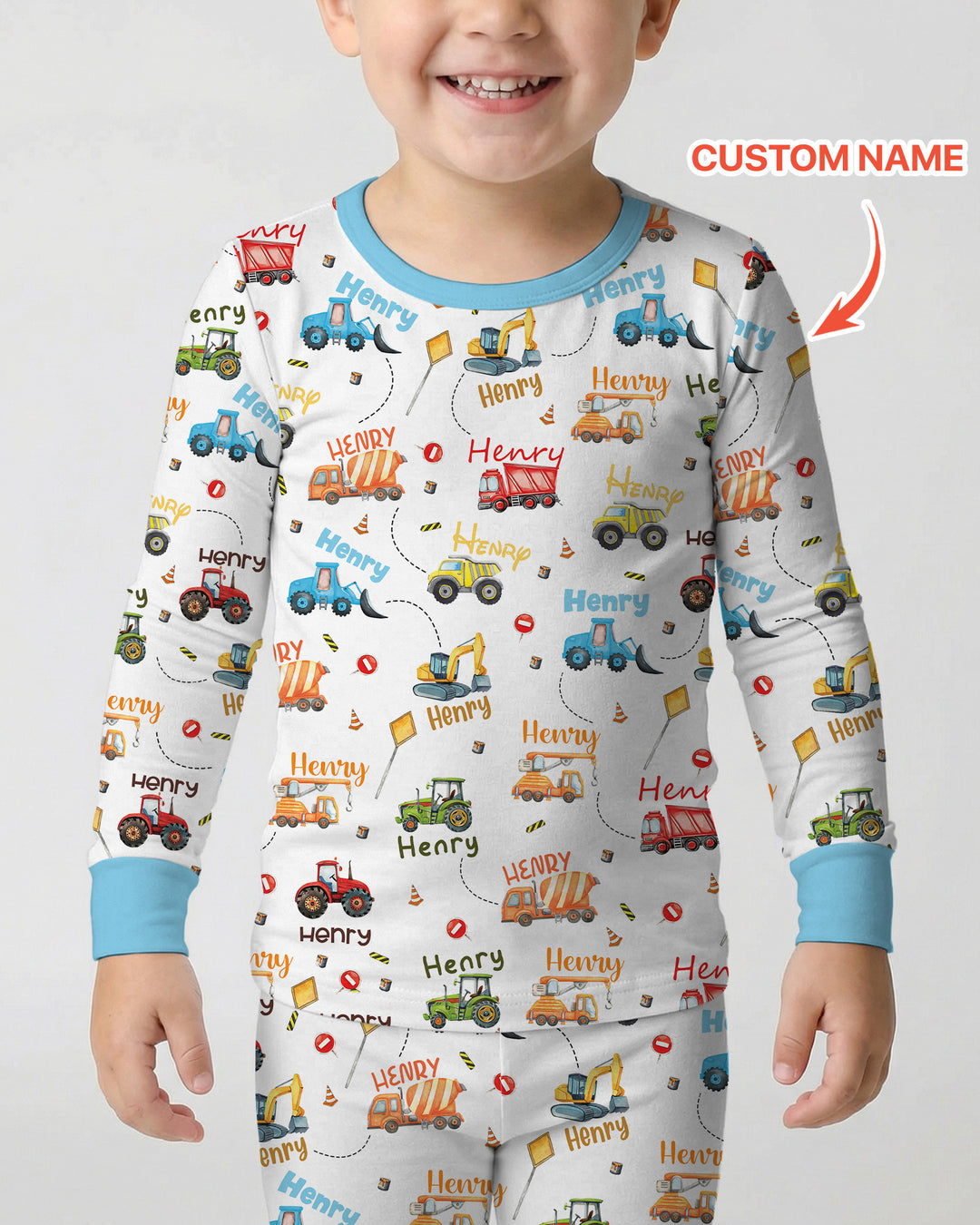 Construction Vehicles Custom Name Two Piece Long Sleeve Pajama Set
