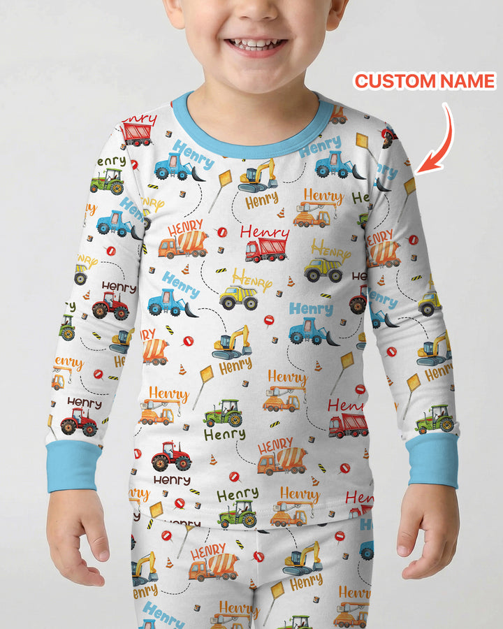 Construction Vehicles Custom Name Two Piece Long Sleeve Pajama Set