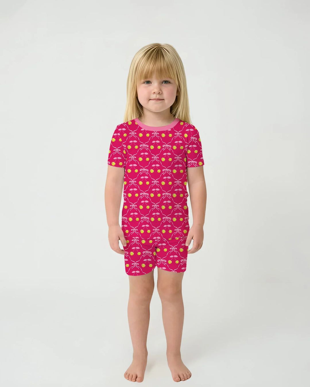 Pijama de dos piezas de bambú de manga corta con pantalones cortos a juego para madre e hija, diseño de béisbol y sóftbol de cerezas