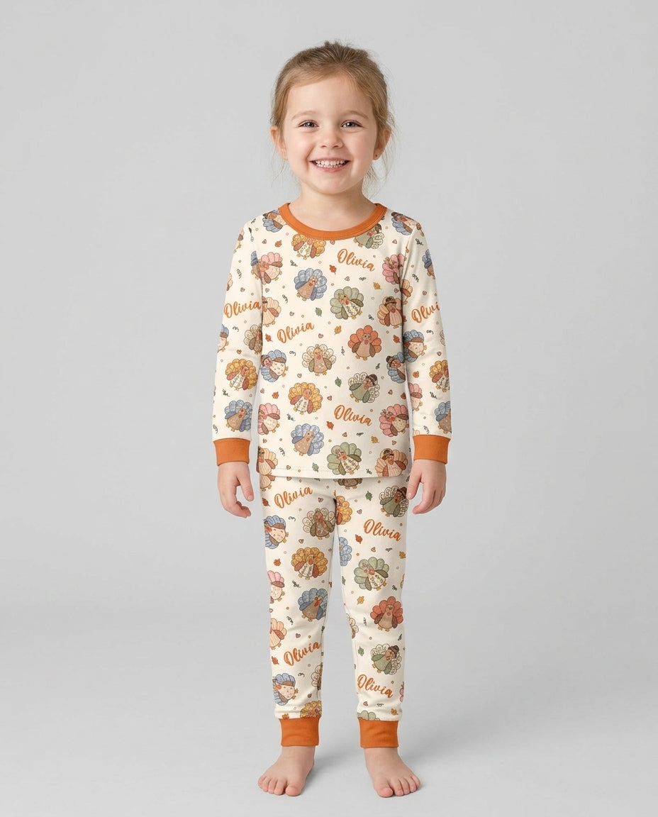 Custom Name Boho Turkey Bamboo Two Piece Long Sleeve Pajama Set