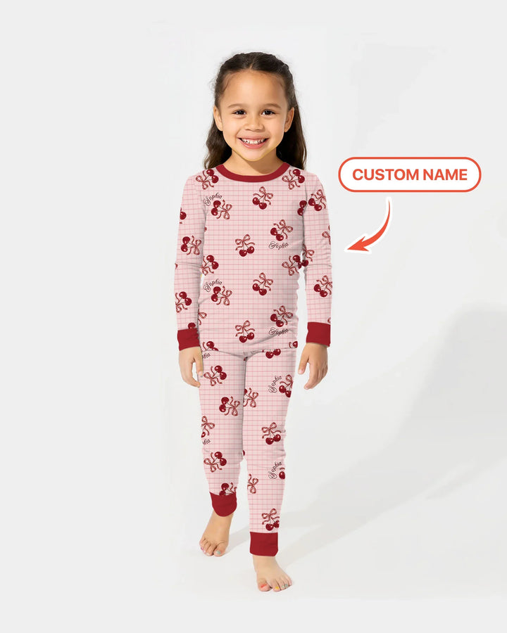 Conjunto de pijama de dos piezas de bambú de manga larga Cherry Mom and Me