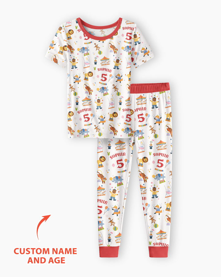 Custom Name Birthday Circus Bamboo Two Piece Short Sleeve Pajama Set