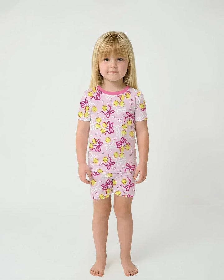 Softball Cherry Mom And Girl Matching Bamboo Two Piece Short Sleeve Shorts Pajama Set
