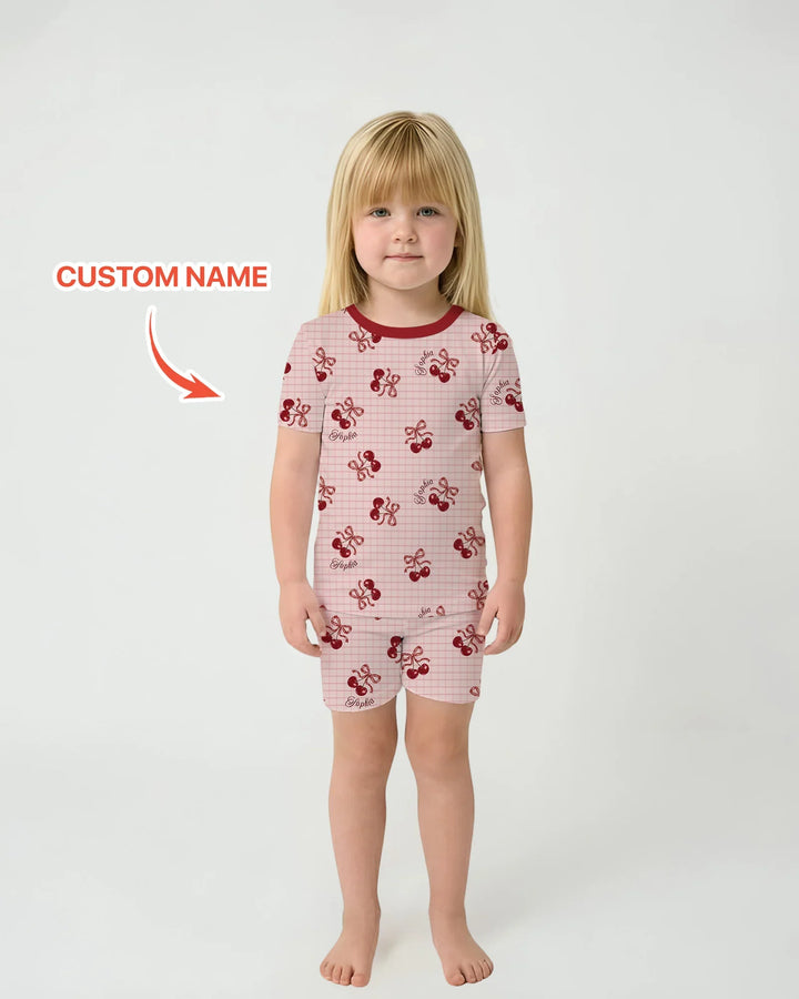 Conjunto de pijama de dos piezas de bambú de manga corta y pantalón corto para mamá y bebé Cereza