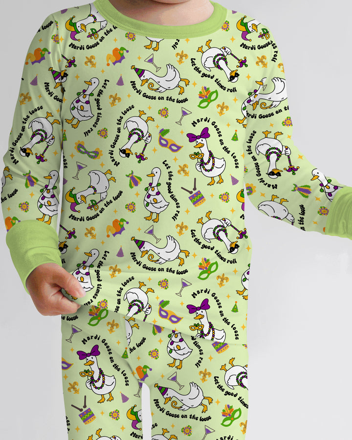 Mardi Gras Silly Goose Two Piece Long Sleeve Pajama Set