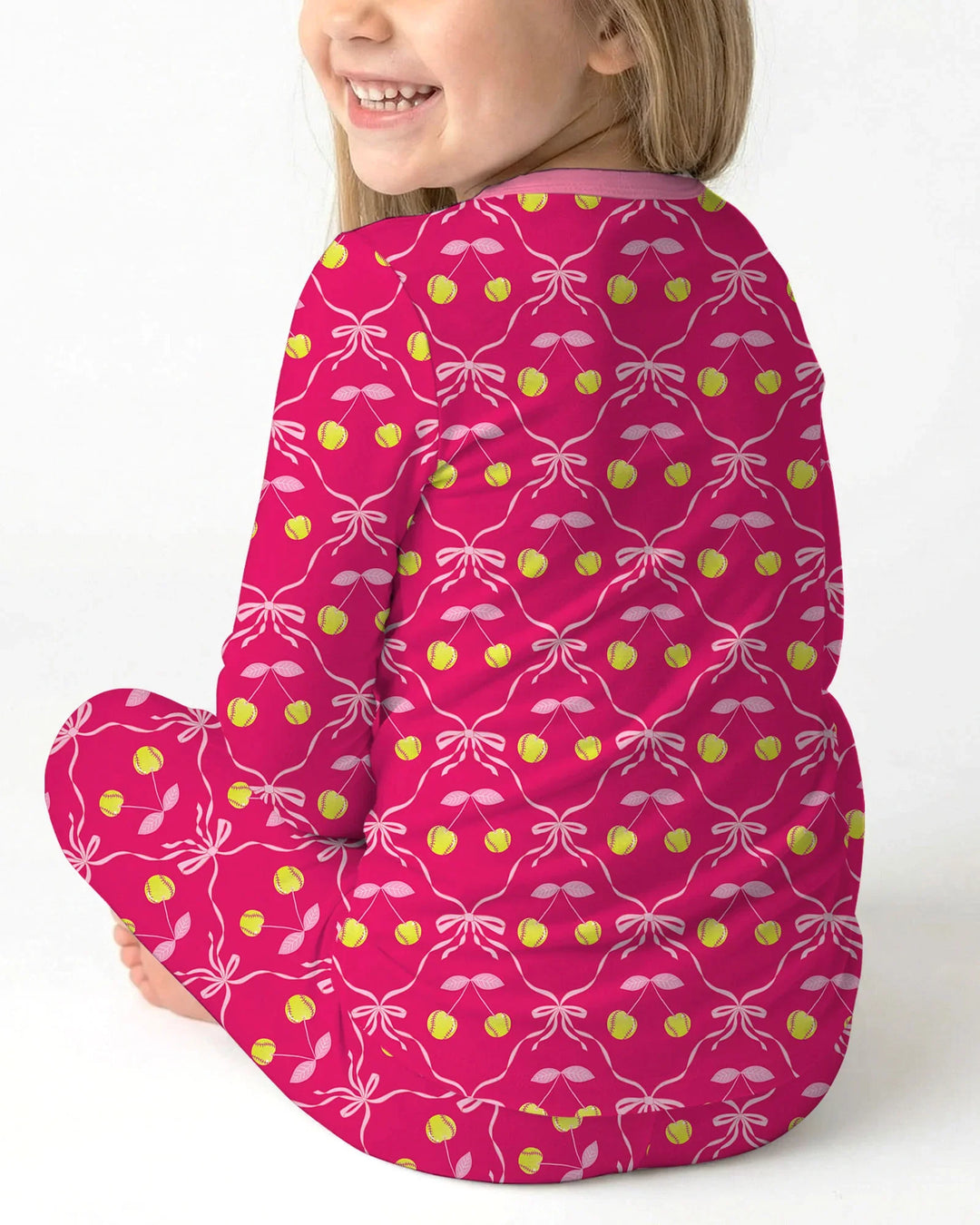 Cherry Baseball Softball Mom and Girl Matching Bamboo Two Piece Long Sleeve Pajama Set