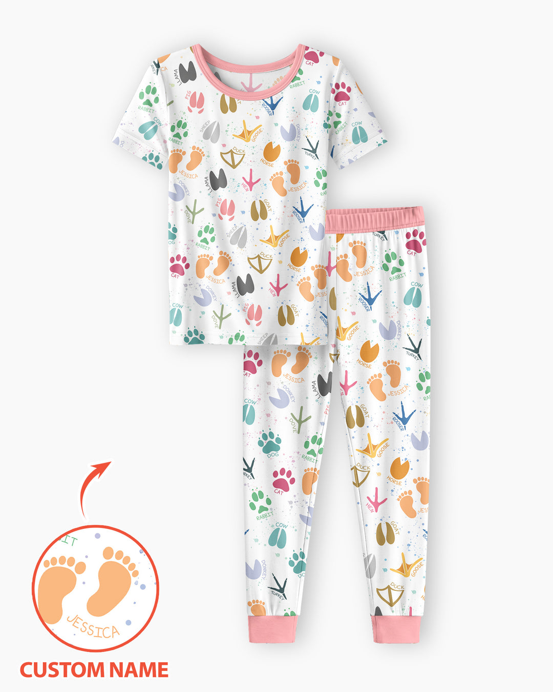 Cute Farm Animal Tracks Custom Name Bamboo Two Piece Short Sleeve Pajama Set