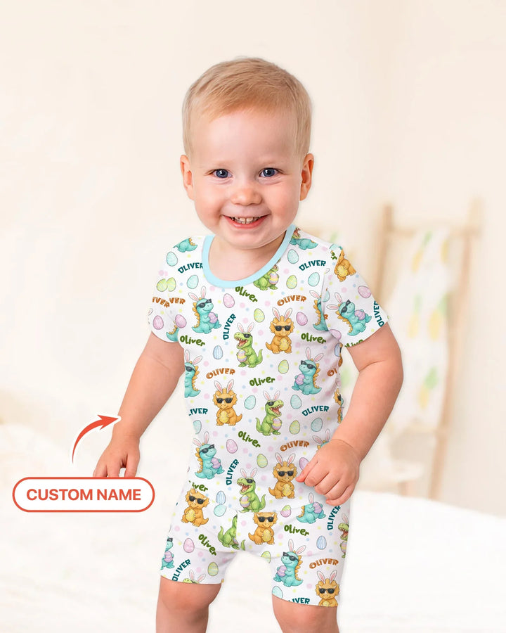 Custom Name Dinosaur on the Hunt Two Piece Short Sleeve Shorts Pajama Set