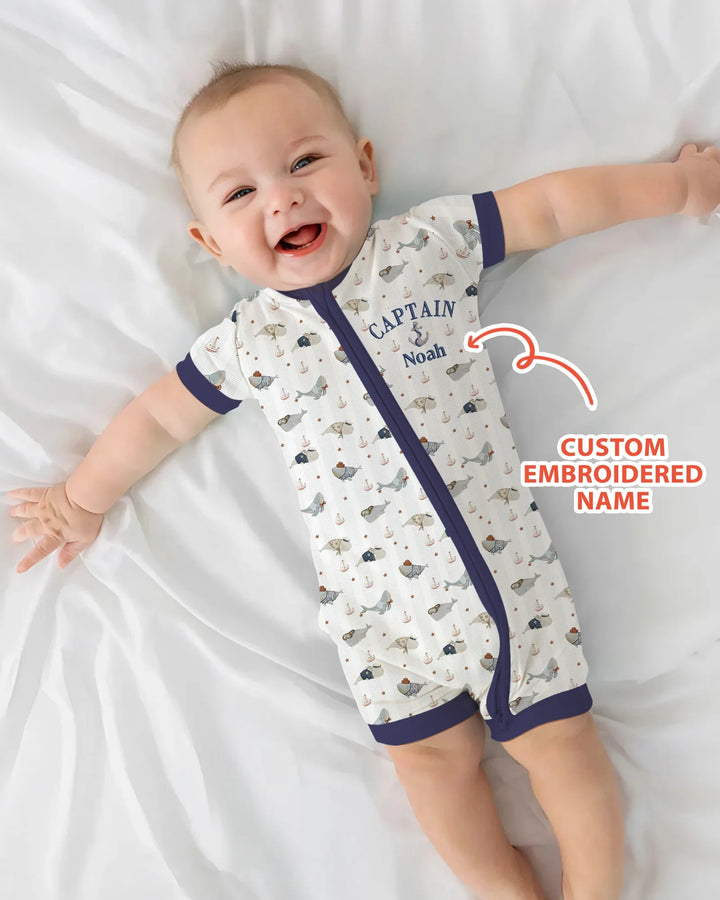 Custom Embroidered Name Little Captain of the Whale Crew Bamboo Shorty Zippy