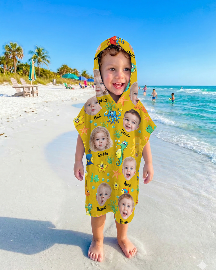 Custom Photo Cute Kid Face Watercolor Sea Creatures Summery Bamboo Swim Poncho