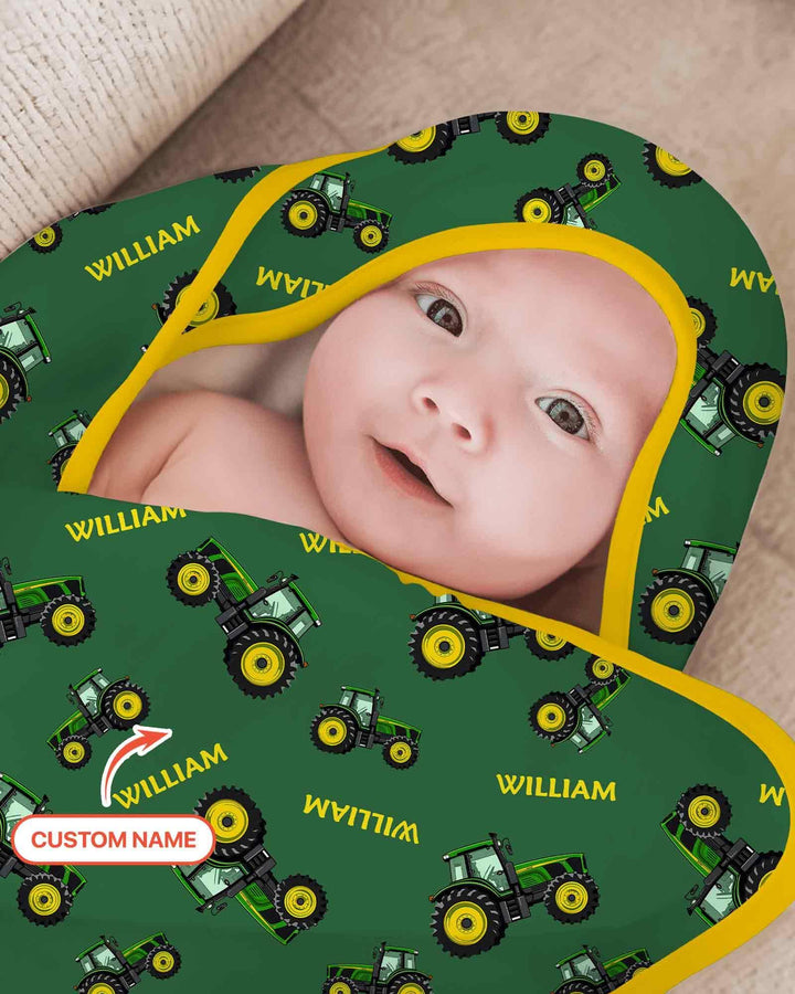 Custom Name Green Tractors Matching Daddy & Me Hooded Bamboo Towel Set