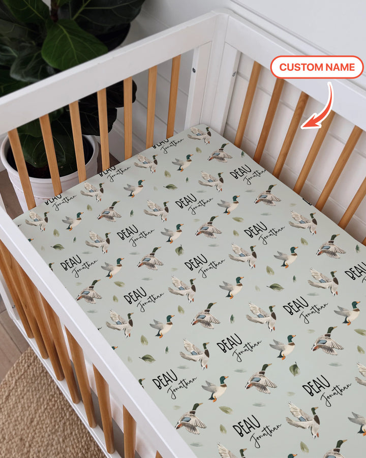 Custom Name Mallard Duck Fitted Crib Sheet