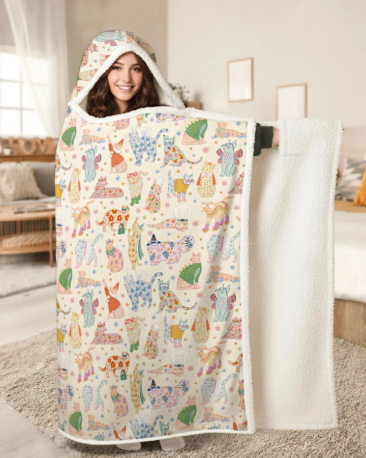 Whimsical Cat Parade Bamboo Wearable Hooded Blanket