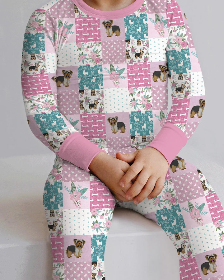 Floral Yorkie Grace Two Piece Long Sleeve Pajama Set