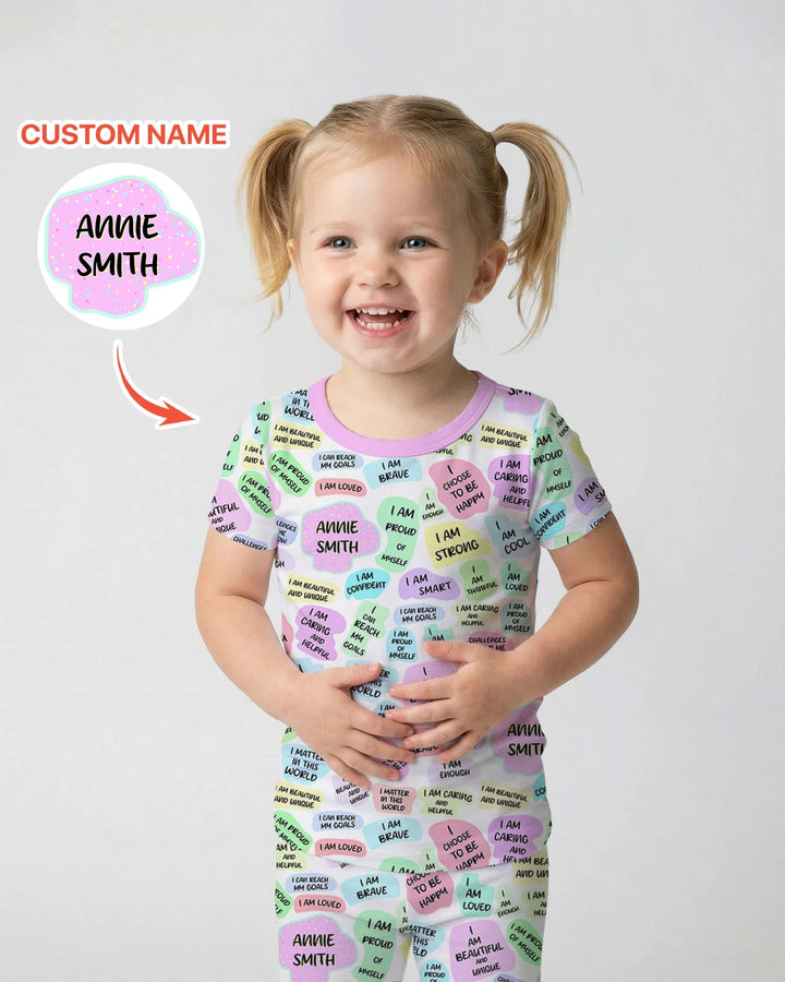 Conjunto de Pijama de Dos Piezas de Bambú de Manga Corta con Afirmaciones Diarias para Mamá y Bebé