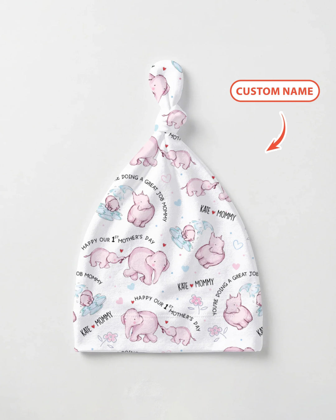Custom Name Mother & Baby Elephant Knotted Hat