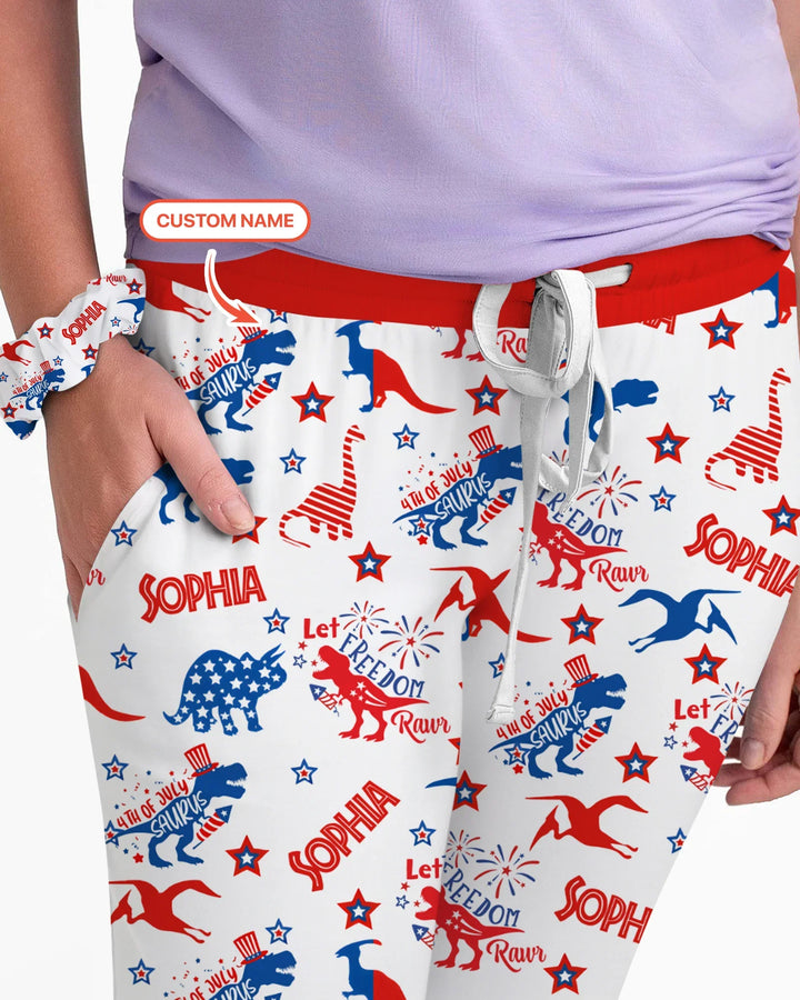Custom Name Patriotic Dinosaur Bamboo Women Pajama Set