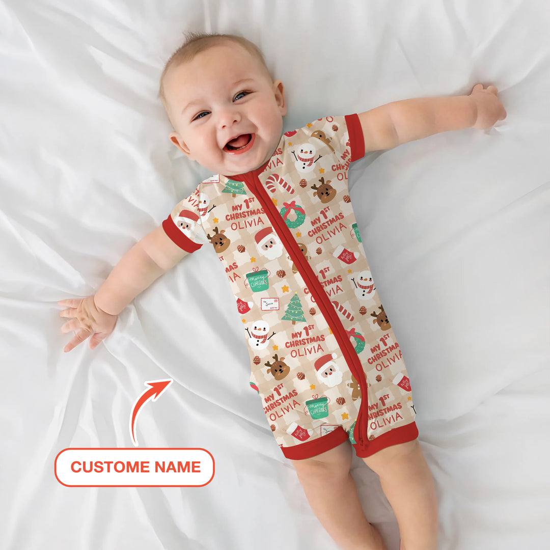Custom Name My First Christmas Mocha Gingham Shorty Zippy