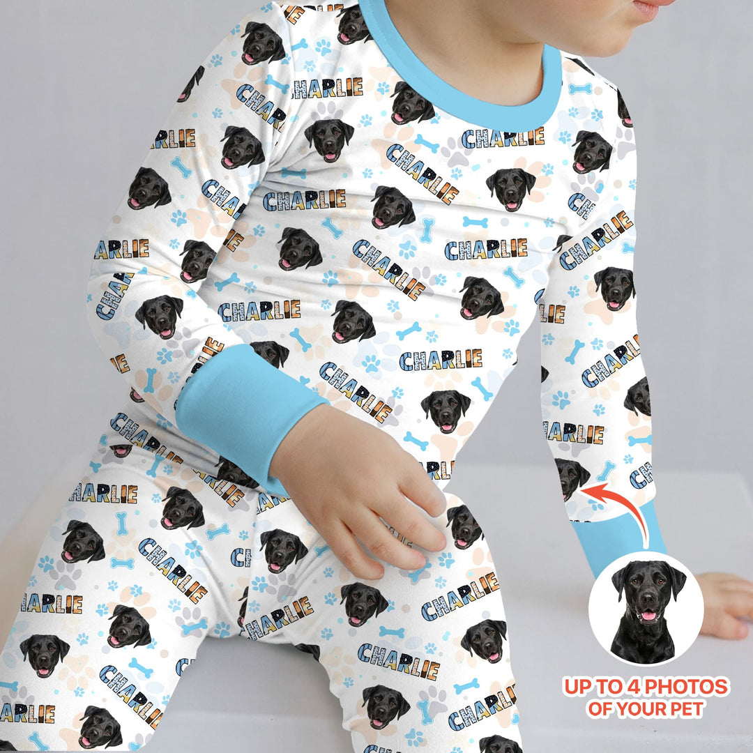 Custom Name Doodle Letters Blue Dog Two Piece Long Sleeve Pajama Set