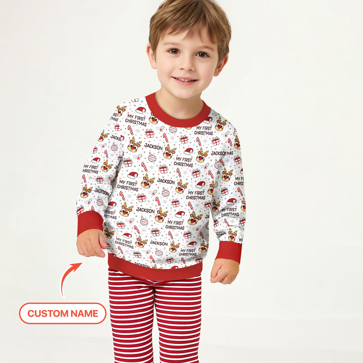 Custom Name Reindeer Doodle My First Christmas Crewneck Sweatshirt