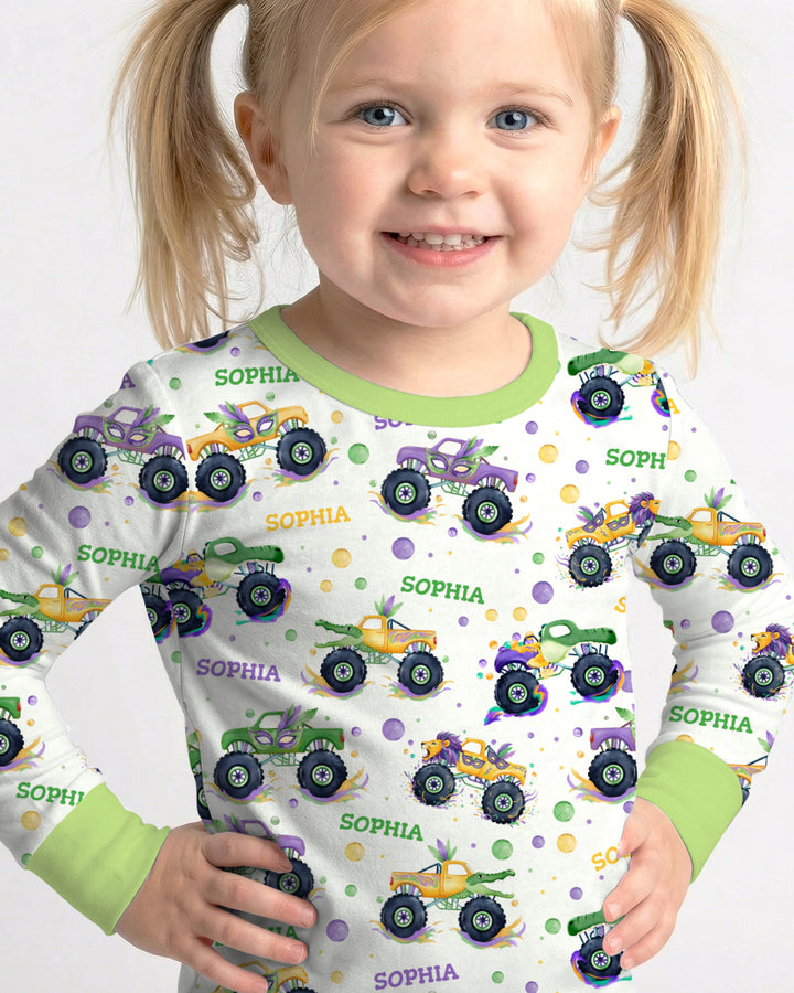 Custom Name Mardi Gras Monster Trucks Two Piece Long Sleeve Pajama Set