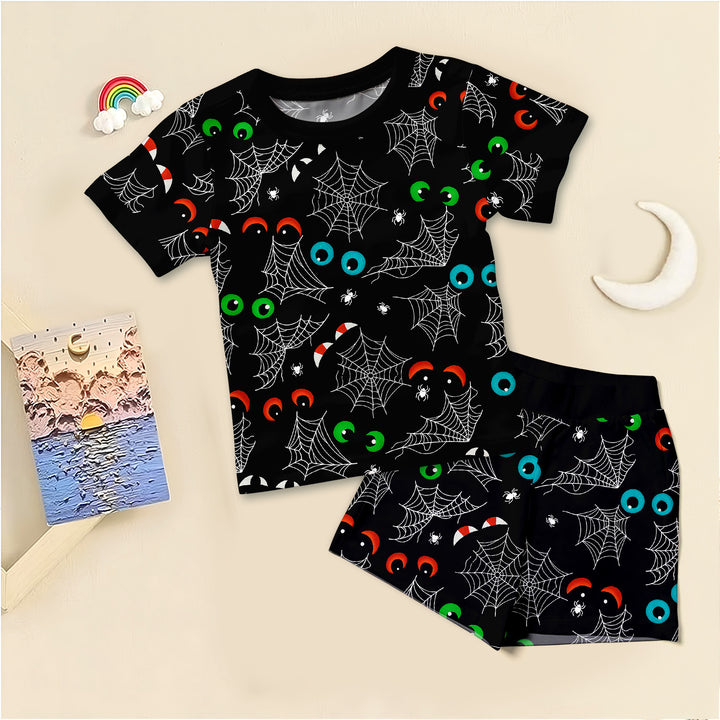 Glow In The Dark Creepy Spiderweb Two Piece Short Sleeve Shorts Pajama Set