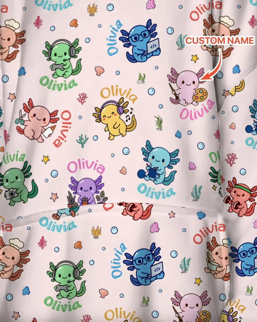 Custom Name Cute Hobby Axolotl Blanket Hoodie