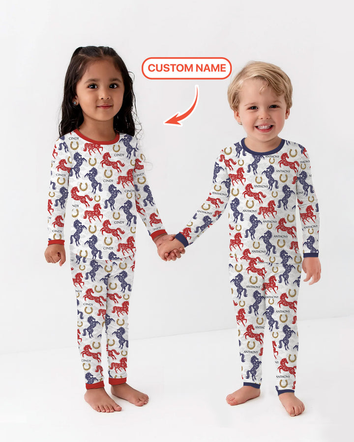 Custom Name Chinoiserie Horses Two Piece Long Sleeve Pajama Set