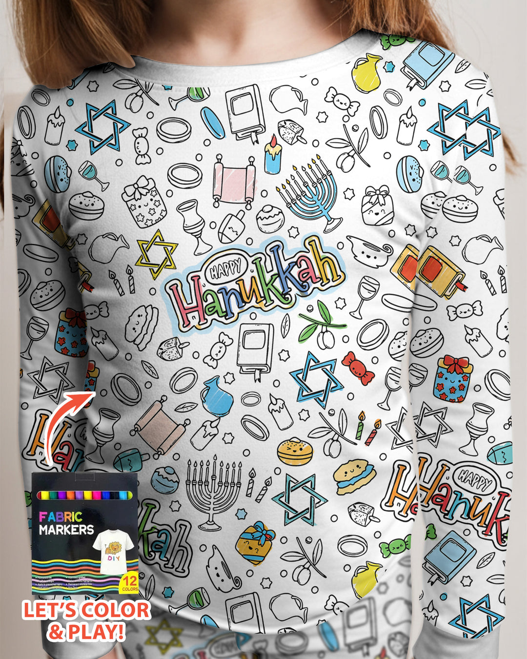 Happy Hanukkah Colorable Bamboo Two Piece Long Sleeve Pajama Set