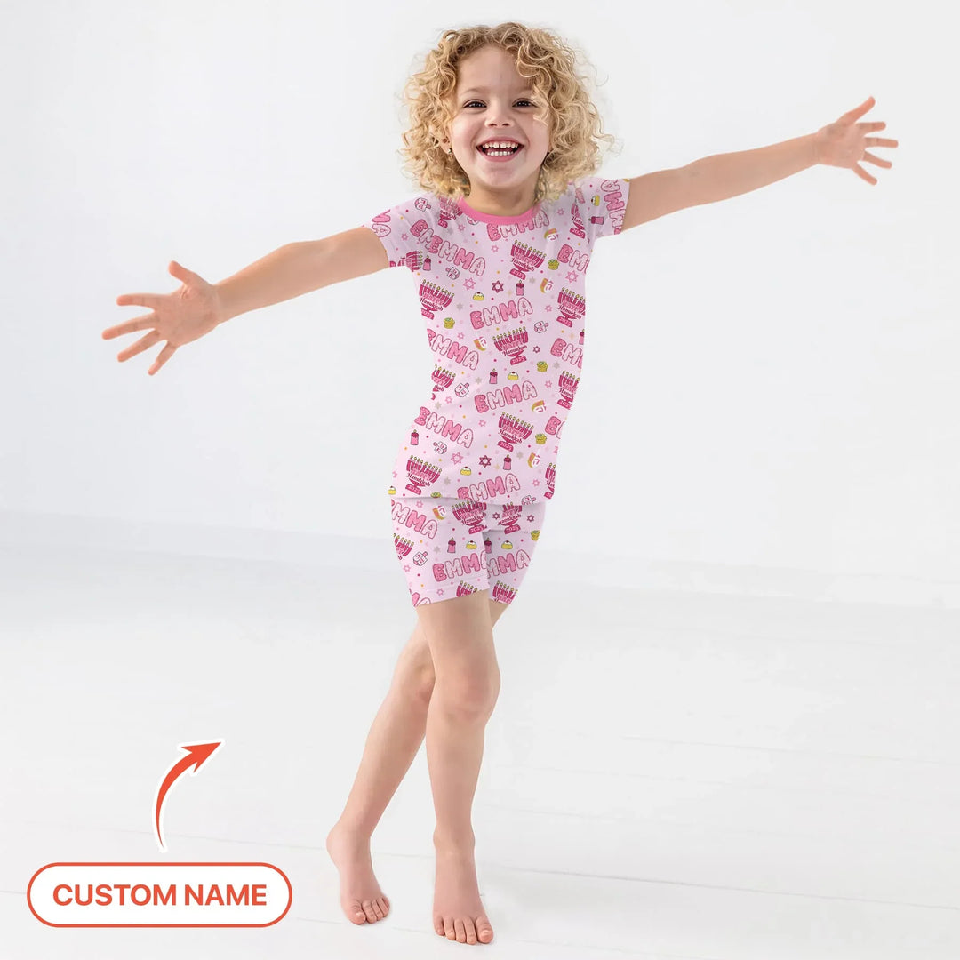 Custom name Happy Hanukkah 2025 Two Piece Short Sleeve Shorts Pajama Set