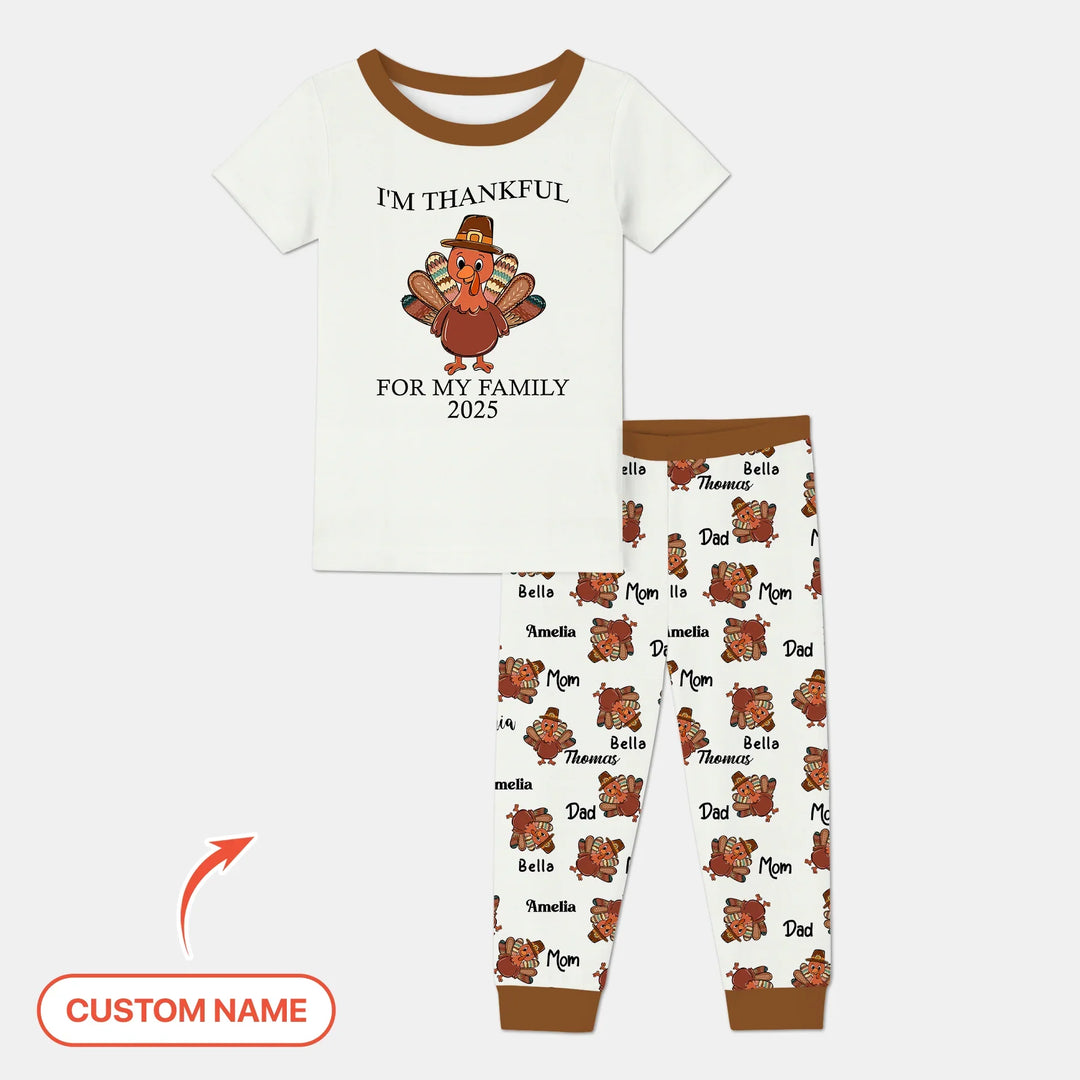 Custom Name Thanksgiving Family Matching Two Piece Short Sleeve Pajama Set