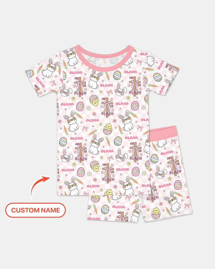 Custom Name Retro Easter Two Piece Short Sleeve Shorts Pajama Set