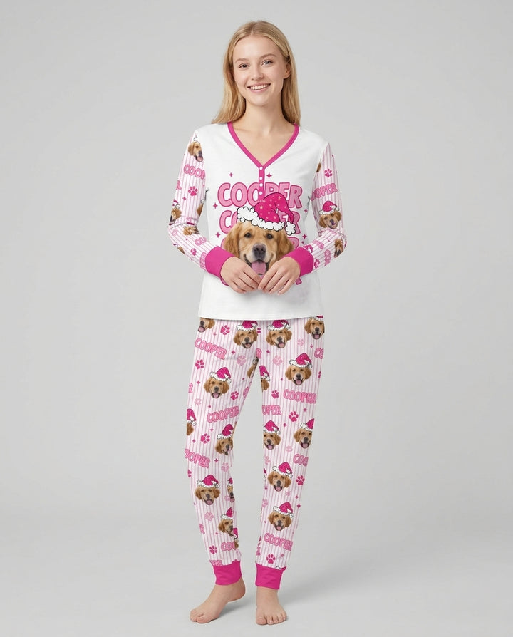 Personalized Pink Santa Dog Bamboo Women Pajama Set