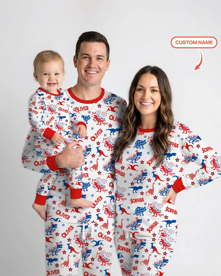 Custom Name Patriotic Dinosaur Bamboo Two Piece Short Sleeve Shorts Pajama Set