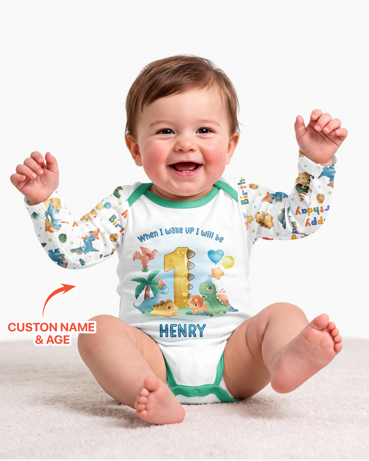 Custom Name When I Wake Up Birthday Dino Bamboo Bodysuit