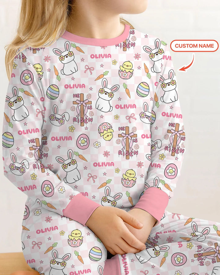 Custom Name Retro Easter Two Piece Long Sleeve Pajama Set