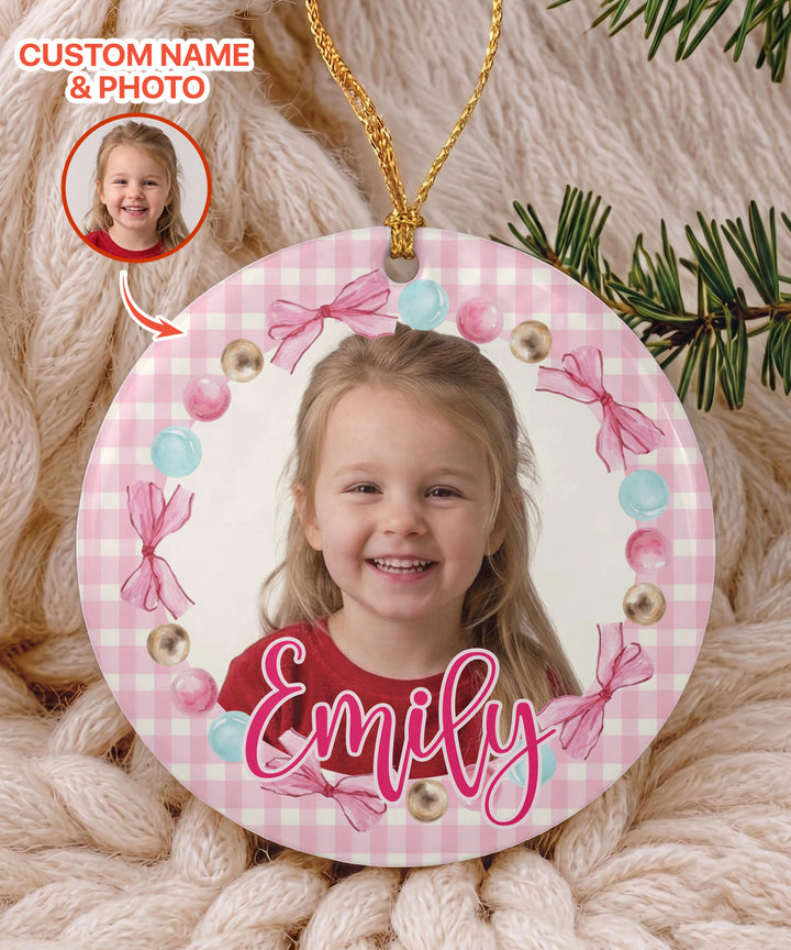 Custom Photo Pink Christmas Keepsake Ceramic Ornament