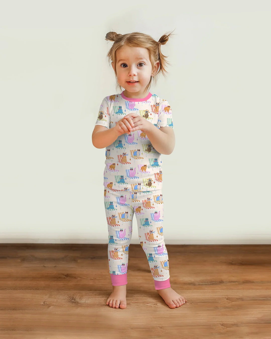 Meow Sunbathing Mommy & Me Matching Bamboo Two Piece Short Sleeve Pajama Set