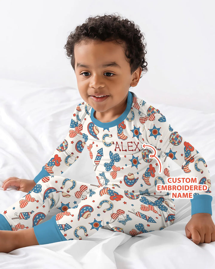 Custom Name Embroidered Howdy 4th Of July Bamboo Two Piece Long Sleeve Pajama Set