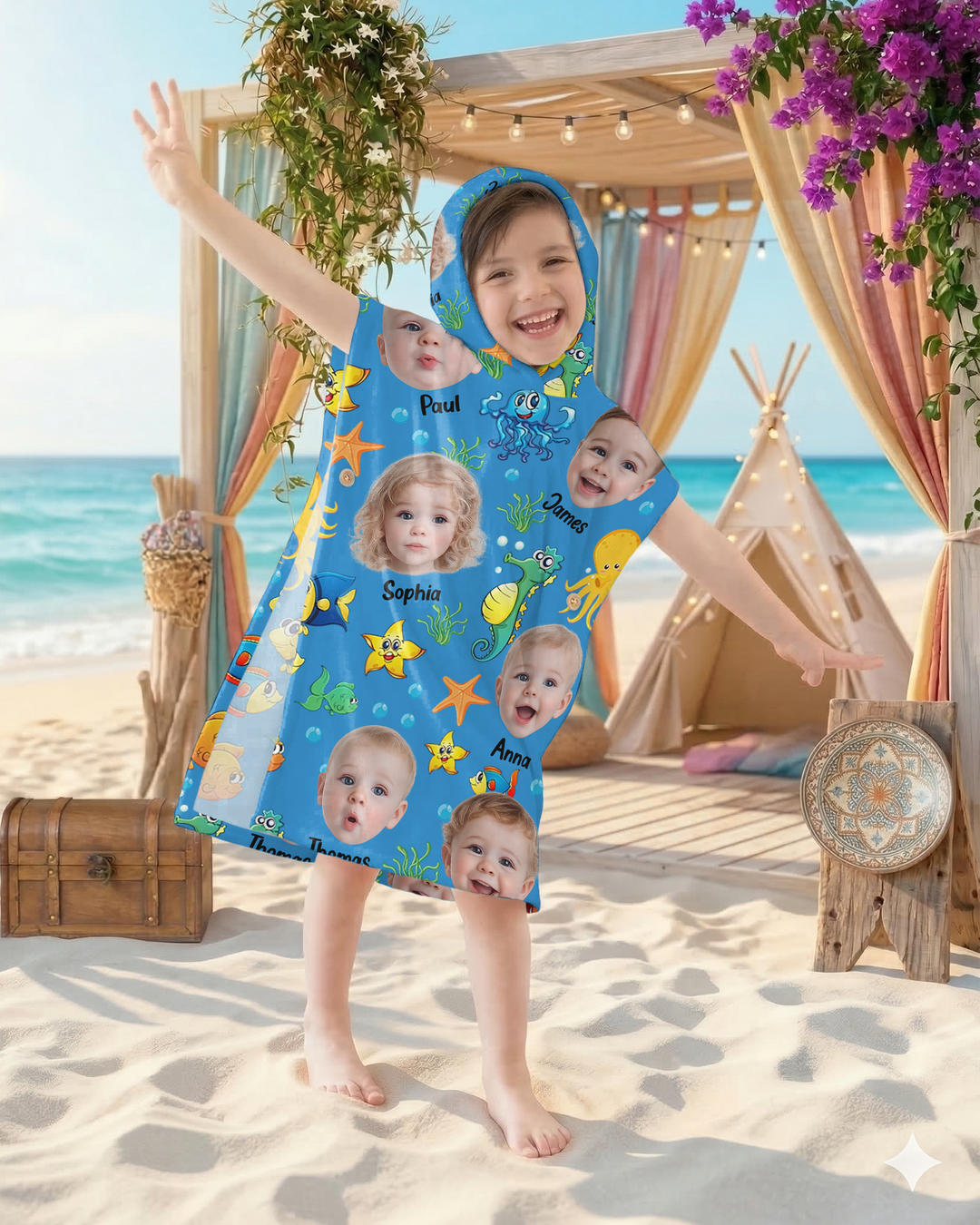 Custom Photo Cute Kid Face Watercolor Sea Creatures Summery Bamboo Swim Poncho