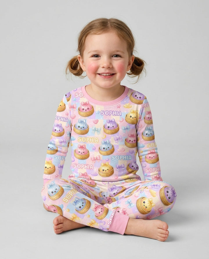 Custom Name Coquette Glitter Dumpling Bamboo Two Piece Long Sleeve Pajama Set